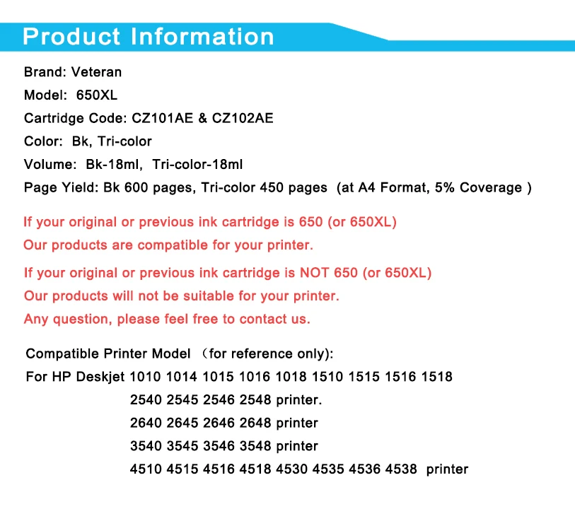 Сменный цветной чернильный картридж Veteran 650XL для hp 650 XL hp650 Deskjet 1515 1015 4645 2515 2545 2645 3515