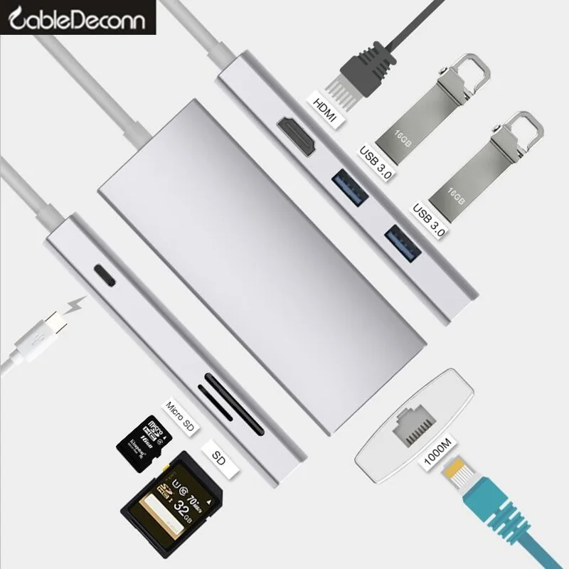 Usb c многопортовый адаптер thunderbolt 3 hub type к hdmi ethernet Gigabit rj45 usb 0 для macbook samsung s8 HUAWEI MATE 10|