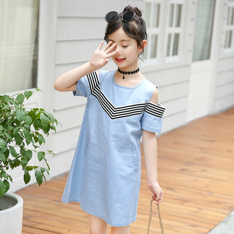 Summer Kids Clothing Baby Girls Denim Dress Casual Off-shoulder Children A-Line Cotton | Детская одежда и обувь