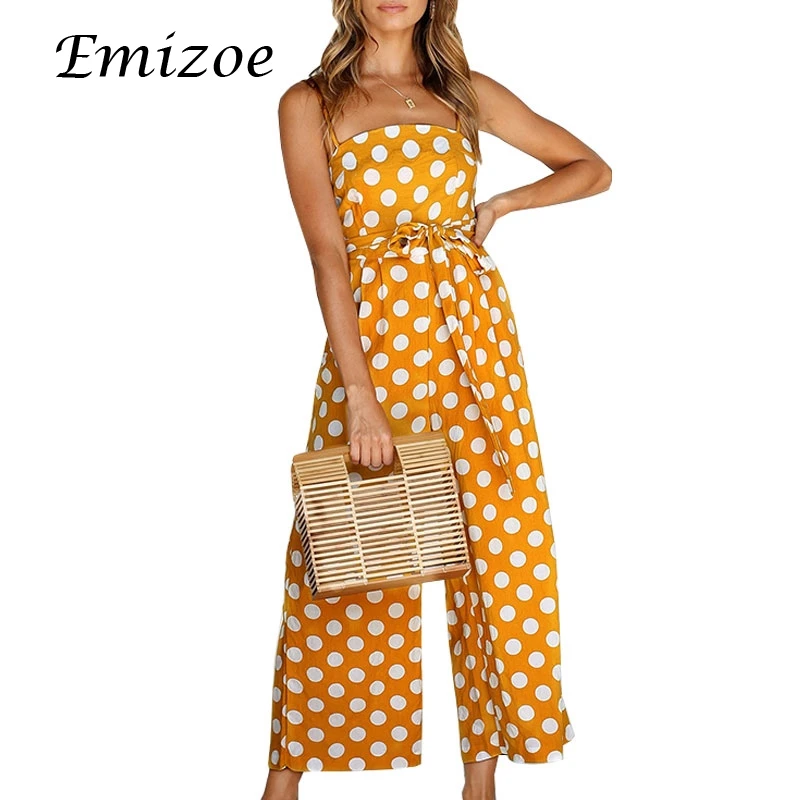 Emizoe 2018 summer elegant polda dot jumpsuit rompers women bodycon strap long streetwear female overalls jumpsuits | Женская одежда