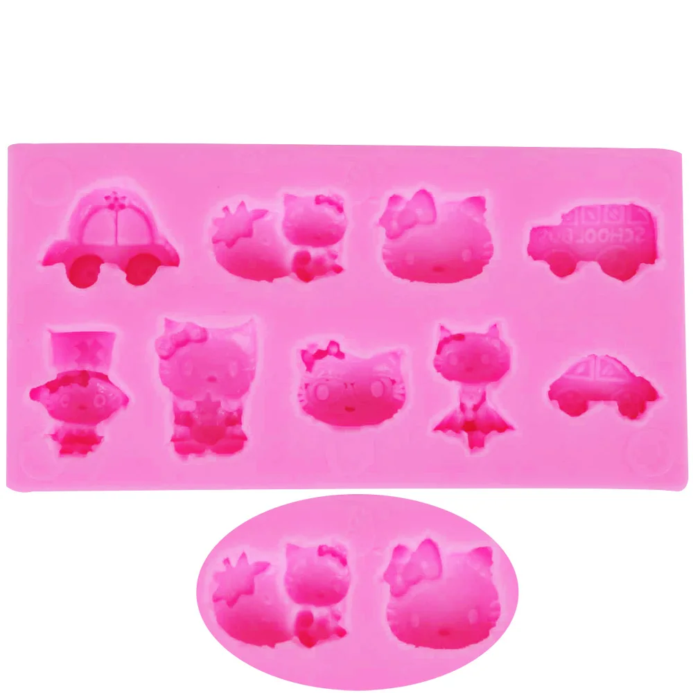 10PCS/SET F1241 Cute Cat and Cars Silicone Cake Mold Decorating DIY Sugarcraft Chocolate Candy Clay Moulds14.3 * 7.4 1.4cm | Дом и сад