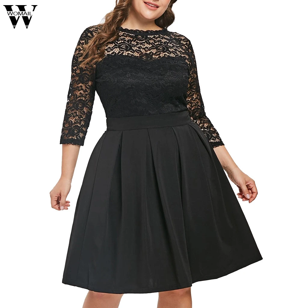 Womail 5XL женское платье большого размера, модное платье с круглым вырезом и рукавом три четверти, кружевная панель размера плюс, Повседневное платье JUNE25 Vestido
