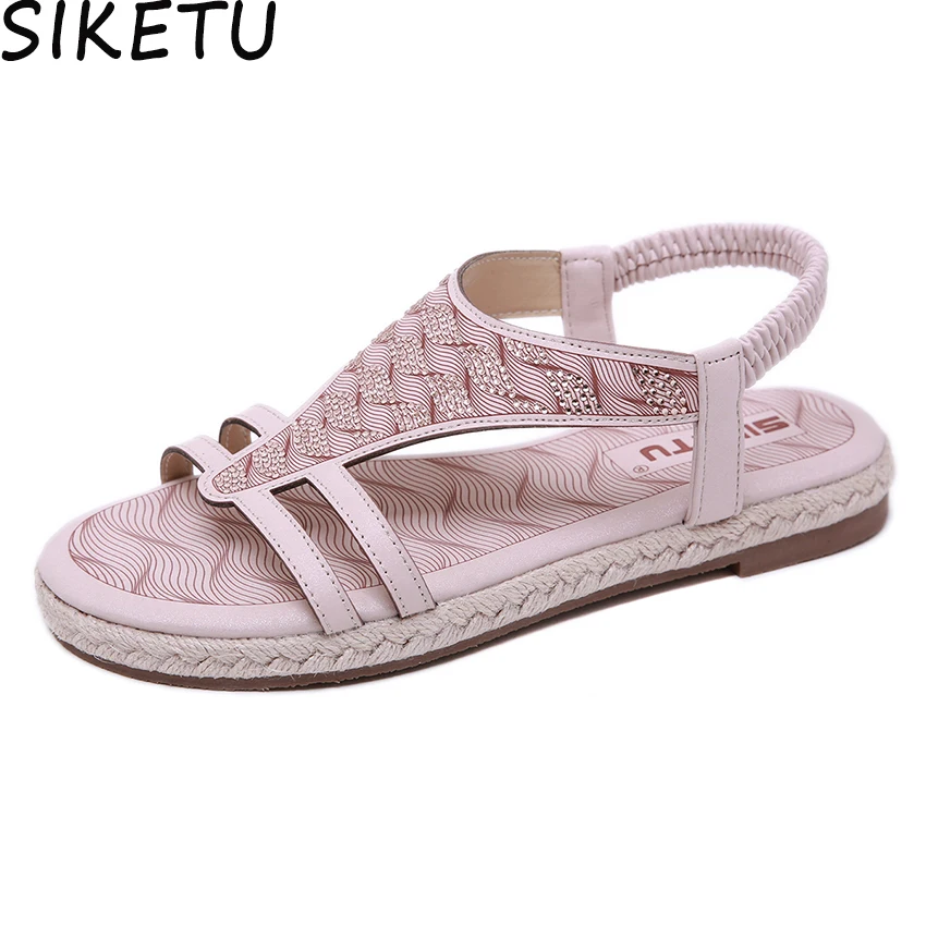 

SIKETU Women Straw Hemp Cane Fisherman Shoes Rhinestone Crystal Rome Sandals Summer Beach Preppy Style Comfort Shoes Flat Heels