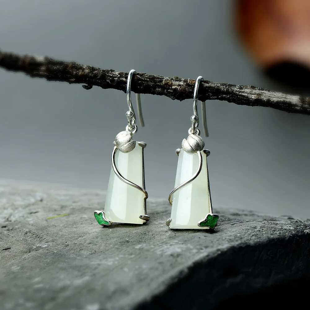 

High Quality 925 Sterling Silver Drop Earrings Natural White Jade Woman Earrings Party Jewelry For Gift