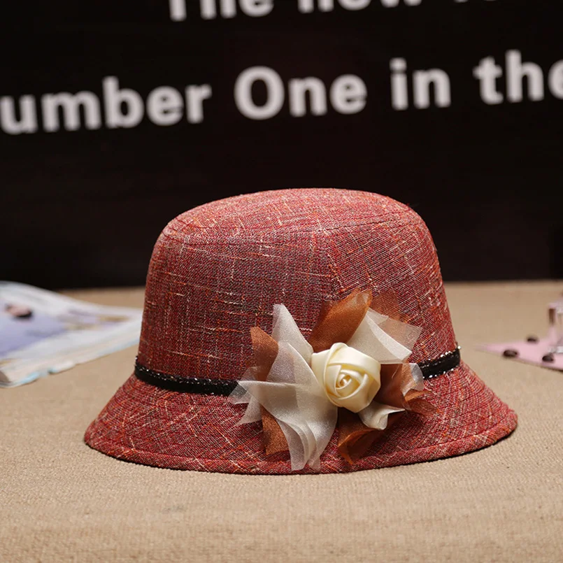 Новые осенние белье фетровых Шапки Для женщин плед украшения с цветочным котелок