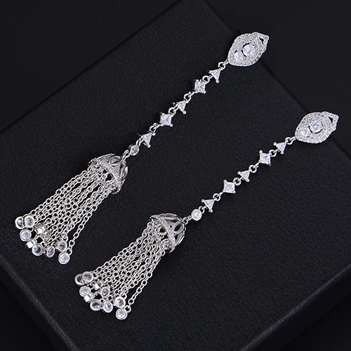Silver GODKI 93 мм длинные кисточки падение полный кубический цирконий; для помолвки Свадебная вечеринка серьга для ночного клуба одеваются ювелирные изделия - Окраска металла: Silver