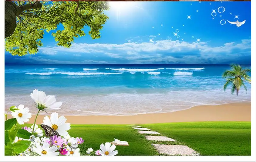 3d wallpaper custom tv murals blue sky white clouds lawn landscape paintings of flowers and plants trees wall mural | Обустройство