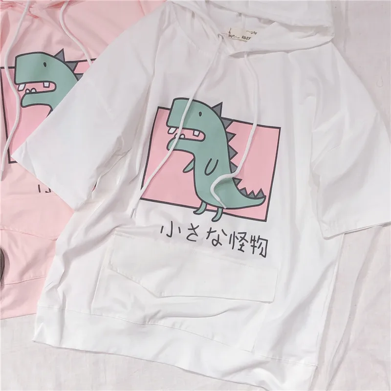 Harajuku/Милая женская футболка с капюшоном и коротким рукавом рисунком динозавра