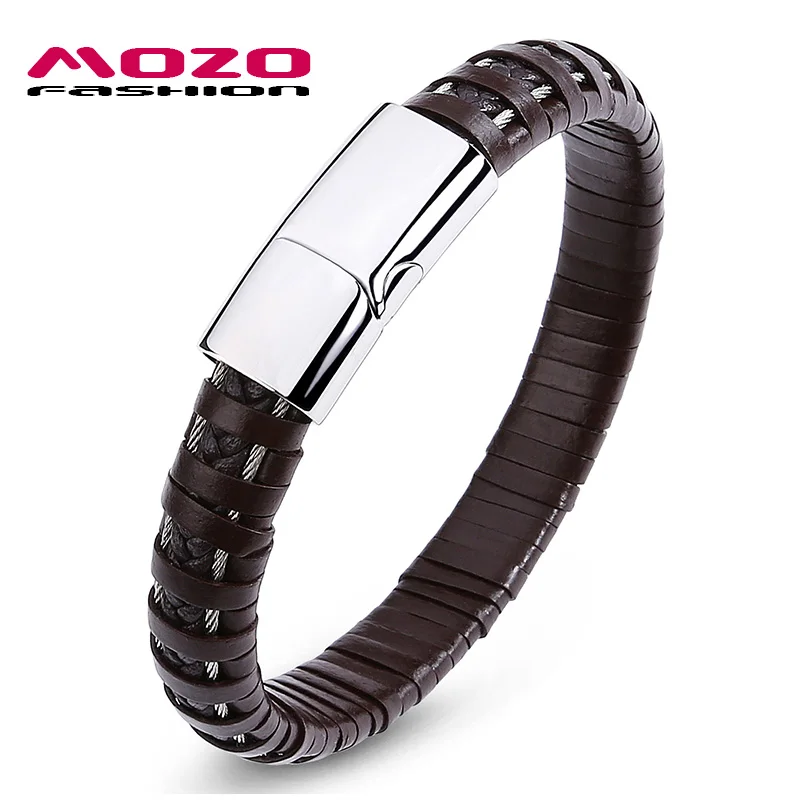 Mozo Fashion Для мужчин браслет в стиле "панк" провода браслеты из веревки и кожи Нержавеющая сталь магнитный браслет из застежек персонализированные ювелирные изделия PS4001 - Окраска металла: Brown
