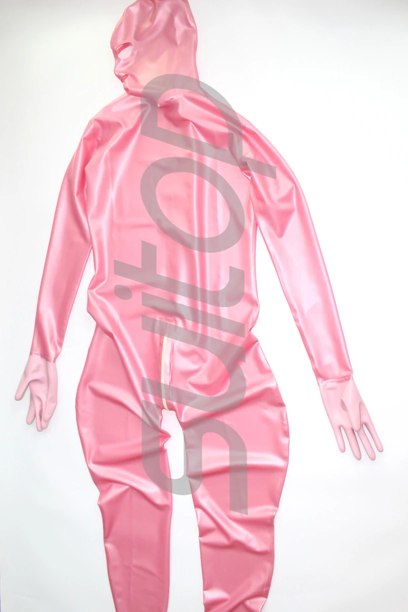 Полный Чехол латексный комбинезон резиновый zentai с задней 3 молнии перчатки, носки и капюшоны attahced в розовый металлик