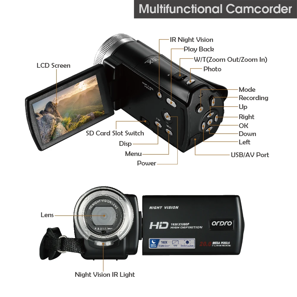 Ordro HDV V12 HD 1080P видеокамера с дистанционным управлением HDMI камера ночного