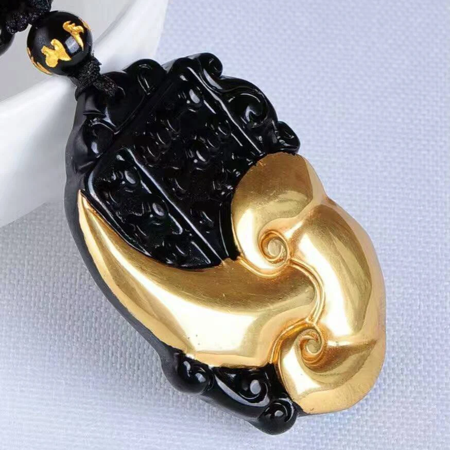 Оптовая продажа Золотой + натуральный черный обсидиан резной амулет Руи