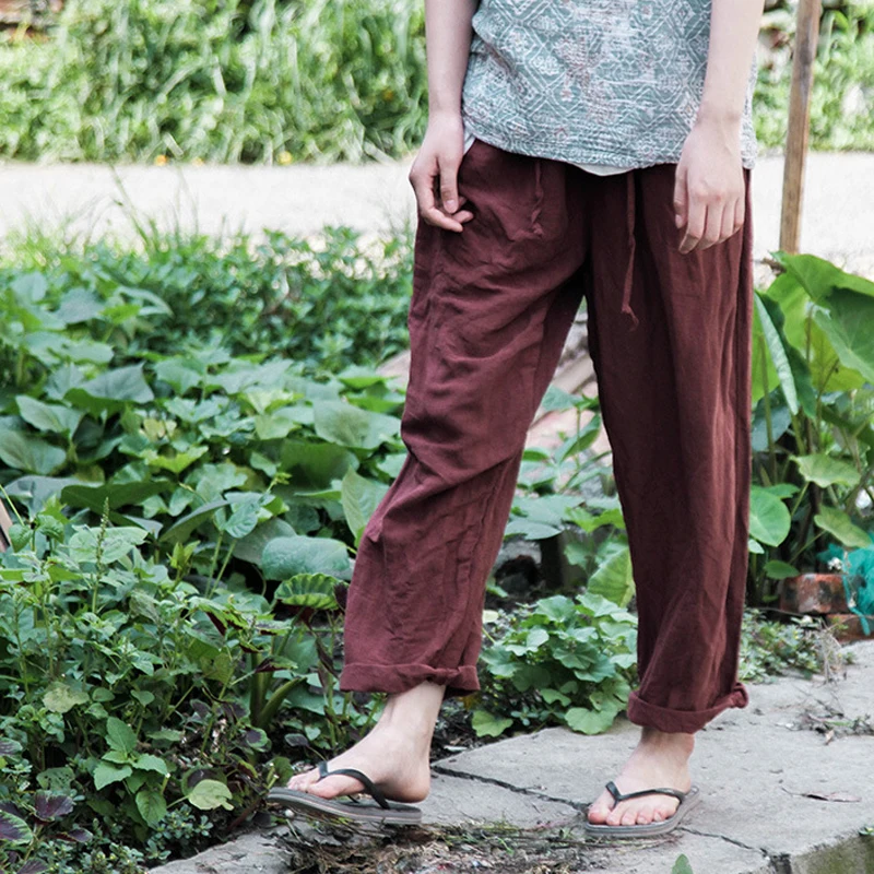 Женские льняные брюки с эластичной талией Johnature винтажные свободные карманами на