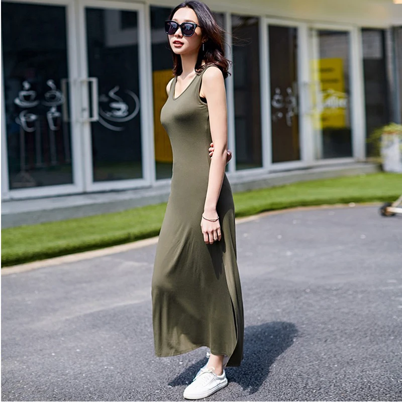 Женское длинное платье тонкое повседневное пляжное без рукавов из хлопка|sleeveless