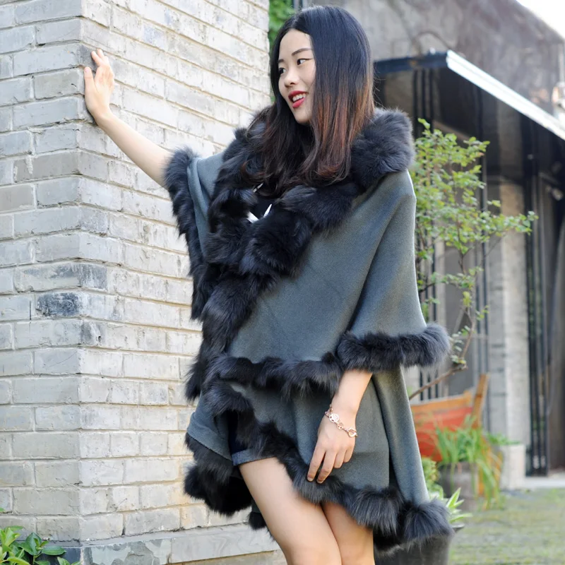 CX B P 45B Женская кашемировая шаль с отделкой из лисьего меха|fur trim cape|cashmere shawlfur cashmere