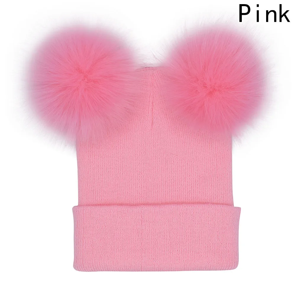 Зимняя детская шапка с двумя меховыми помпонами для мальчиков и девочек из