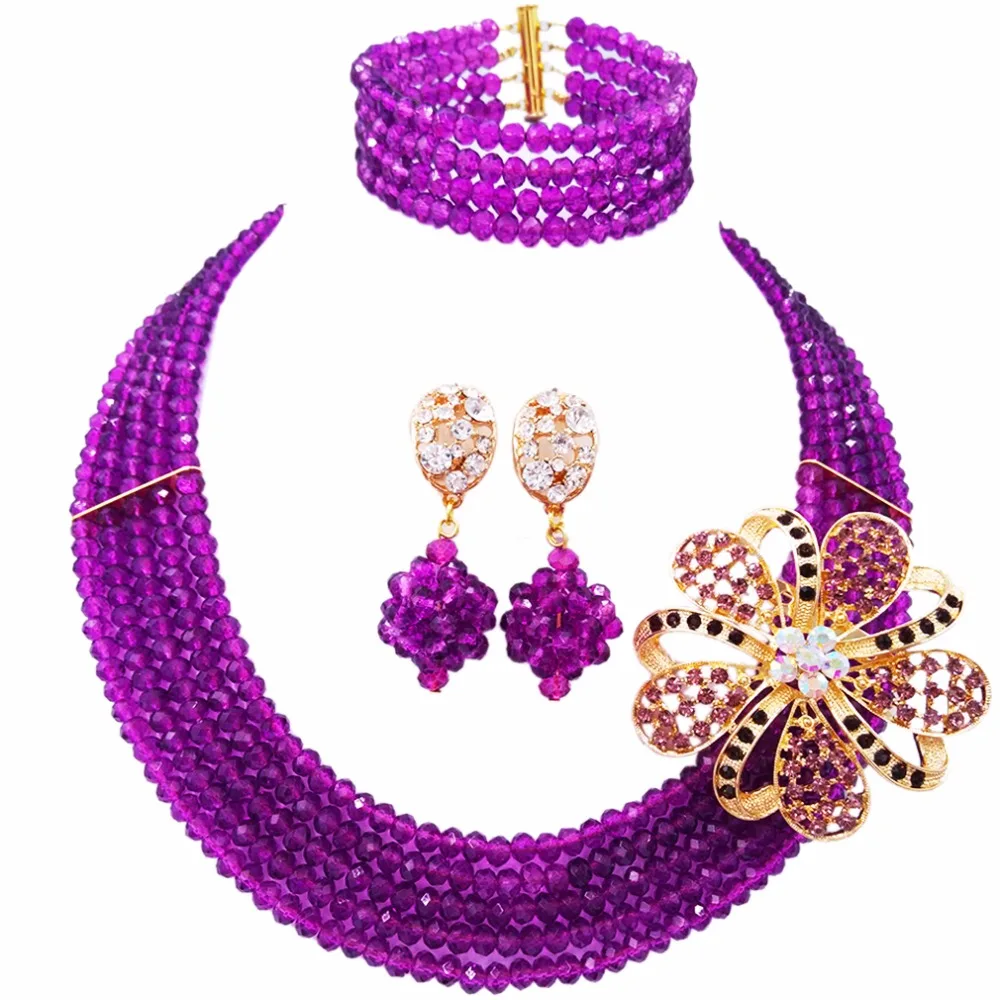 

Fashion Purple Crystal African Wedding Beads Jewelry Set Nigerian Beaded Necklace for Women Girls 5L-DS015