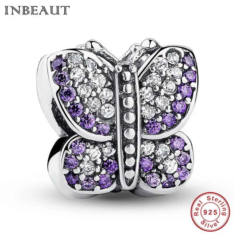 INBEAUT 925 пробы Серебряный цветной CZ розовый эмалированный милый жук Бабочка Насекомое бисер талисманы Подходит для Пандора Браслет - Цвет камня: ssc023-1