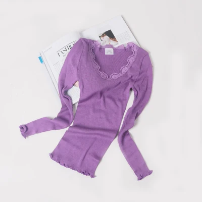 Light Purple Трикотажная высокая эластичная приталенная рубашка с круглым вырезом, 70% натуральный шелк+ 30% хлопок, Женская Сексуальная кружевная футболка, топы с длинными рукавами - Цвет: Light Purple