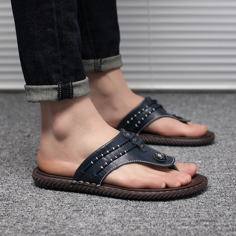 PINSV Сплит Кожаные Сандалии Мужчин Вьетнамки Летняя Обувь Мужчины Пляжные Тапочки