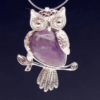 100 unique silver plated owl shape natural purple amethysts stone pendant popular accessories