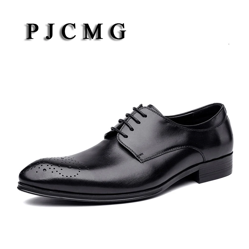 

PJCMG Fashion Solid High-end Genuine Leather Oxfords Business Mens Lace-Up Pointed Toe Dress Wedding Mens Rubber Office Shoes