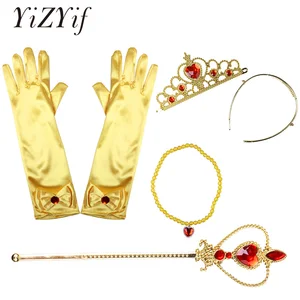 Платье принцессы Белль для девочек, перчатки, тиара, палочка, ожерелье, наряд на Рождество, Красавица и Чудовище