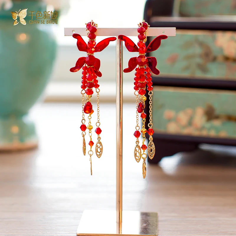 Китайский невесты головной убор костюм заколки красная бабочка шпильки