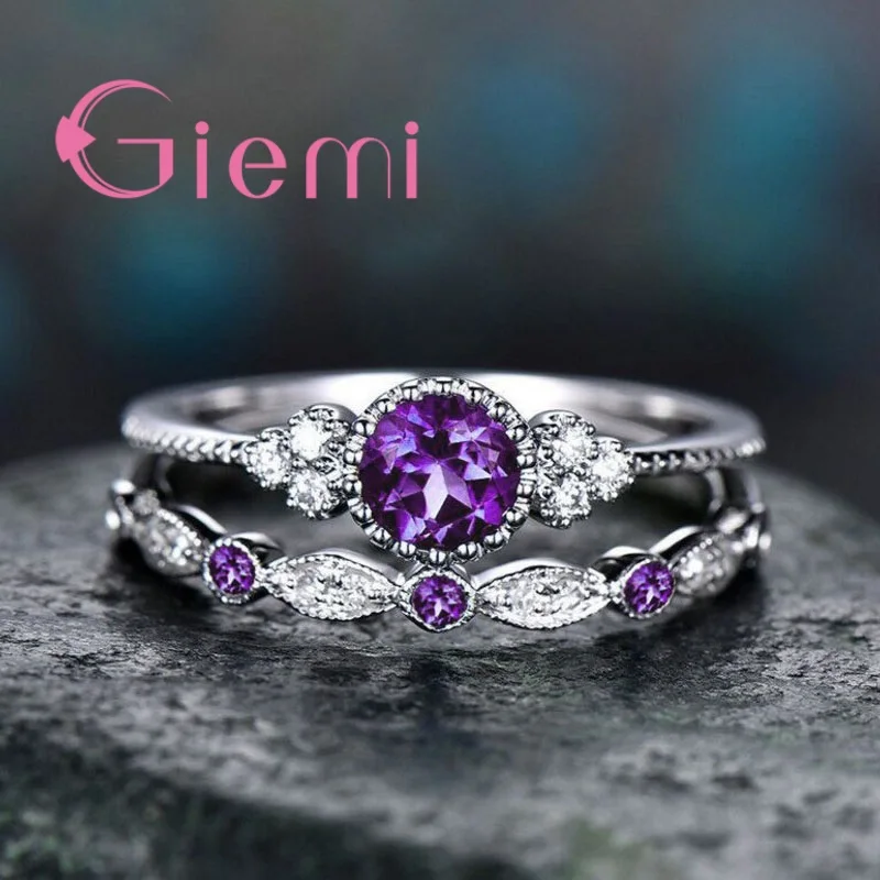 Роскошный блестящий милый любовник набор двойных колец серебро Anel Pave Фиолетовый