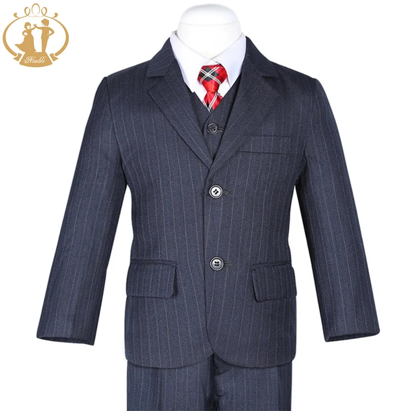 Три Пьесы Моды Глубокий Темно-Синий Полосы Мальчиков Официальные Костюмы
