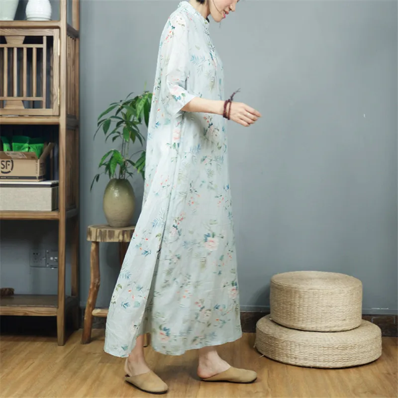 

SCUWLINEN 2020 NEW Women Summer Dress Vintage Print Half-sleeve Double Layer Ramie Dress Long Elegant A-line Robe Femme S882