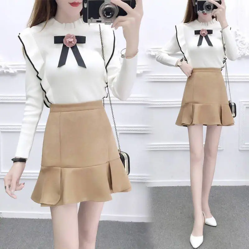 Женский винтажный комплект из 2 предметов свитер с оборками и юбка F74| |