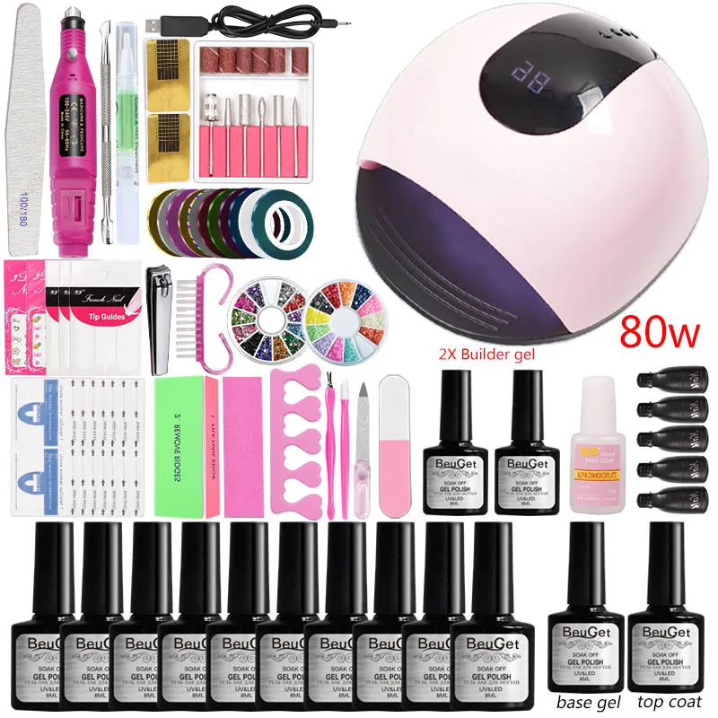 80w lamp set Все набор для маникюра дезайна ногтей 10 цветной Гель-лак маникюрный набор Быстрое расширение поли гель строительный акриловый набор для ногтей профессиональный набор для светодиодной УФ лампы маникюрный набор - Цвет: 80w lamp set