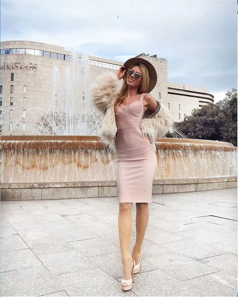 New Arrival Apricot Strap Knee Length Rayon Sexy Women Bandage Dress Evening Party | Женская одежда