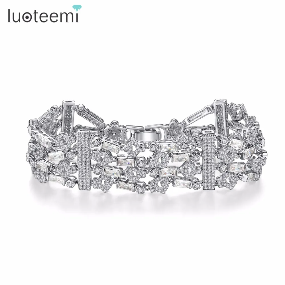 LUOTEEMI, женский роскошный свадебный браслет, супер белый кубический цирконий, цепочка и звено, браслет для невесты, Свадебная вечеринка, ювелирное изделие, Pulseira