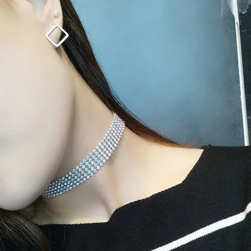 Женская мода Полный Стразы сверкающий чокер Короткий воротник ожерелье