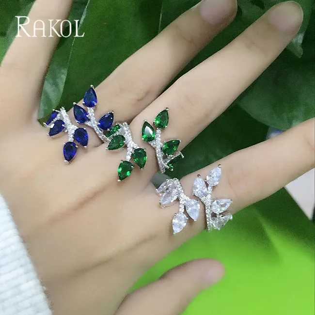 RAKOL, новая мода, листья, цветы, форма AAA, кубический циркон, свадебные кольца для женщин, синий кристалл, обручение, рождественские подарки