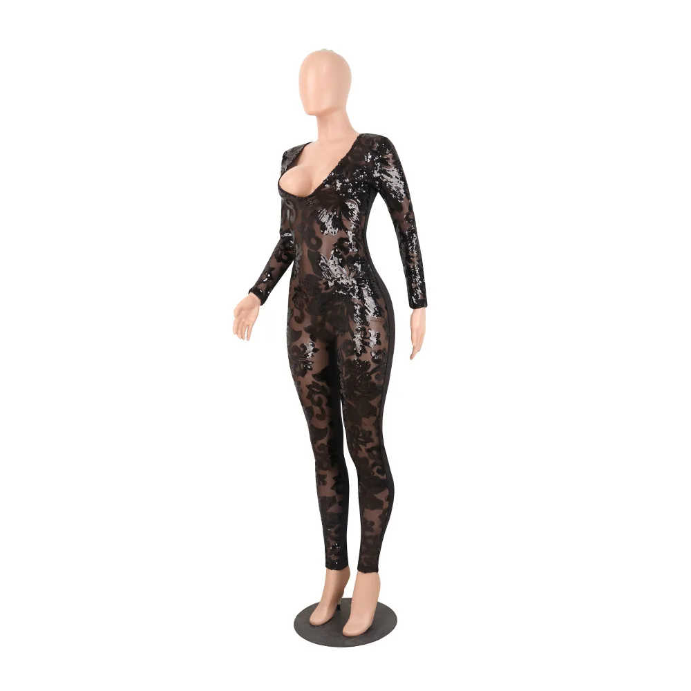 Новый Стиль Мода черный Bodycon комбинезон длинный рукав кружевной Sexy Глубокий v