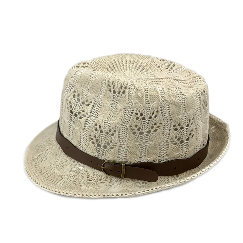 Вязаная женская панама-шляпа Trilby Fedora с поясом из пряжи летняя джазовая шляпа