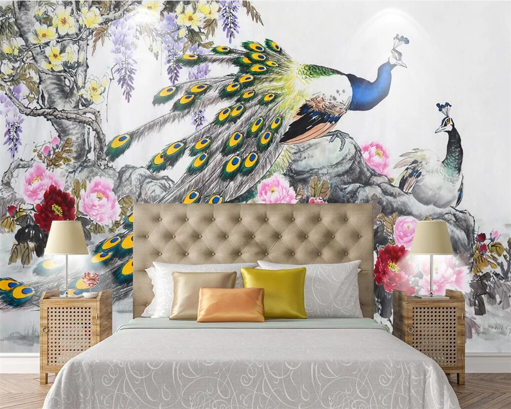 Пользовательские обои в европейском стиле ручная роспись Павлин Ретро диван фон