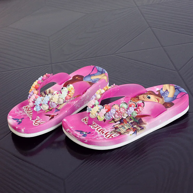 Children Girls Summer Princess PVC Beach Slippers Soft Cartoon Fashion Lovely Beading Non-slip Flip Flop Casual Shoes 2-10years