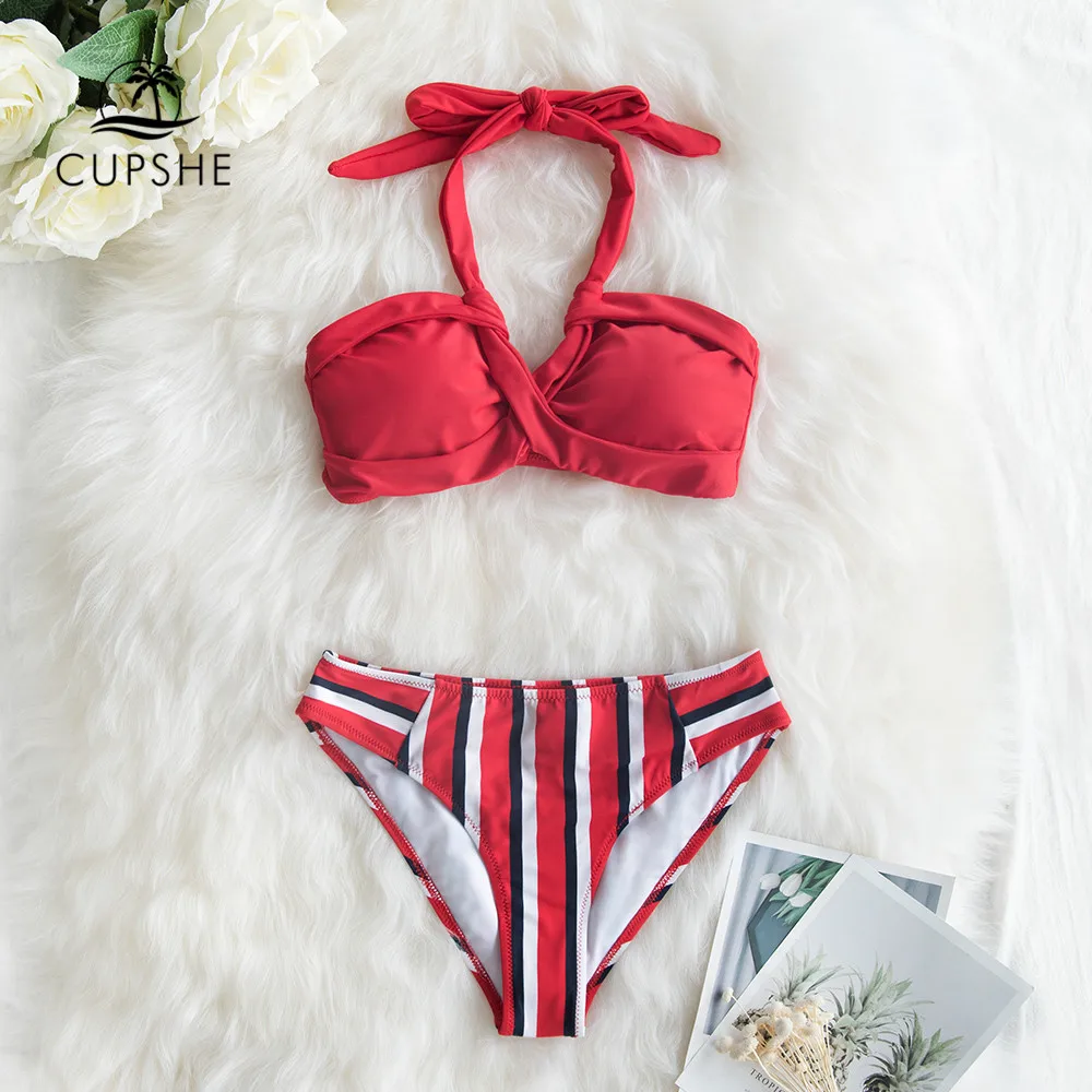 CUPSHE Красный Холтер бикини с полосой печати снизу сексуальный кружевной бандо
