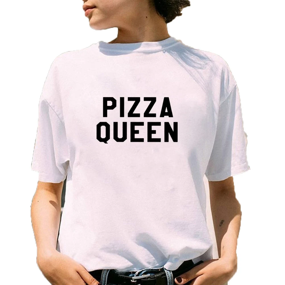 

Pizza Queen T Shirt Women Funny Short Sleeve O-neck Cotton Tee Shirt Femme Black White Loose T-shirt Women Top