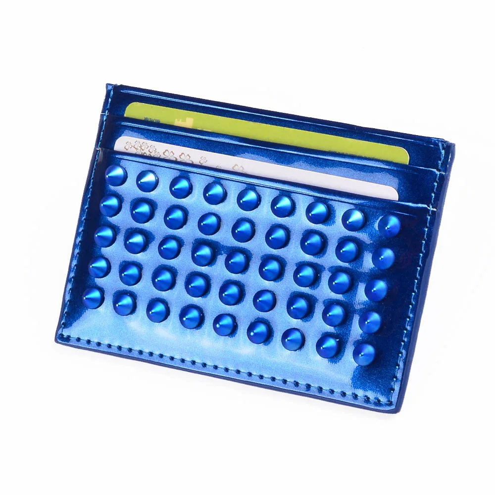 Blue Женские заклепки pu кожаный держатель для карт тонкий кошелек кредитный держатель для карт s ID держатель для карт - Цвет: Blue