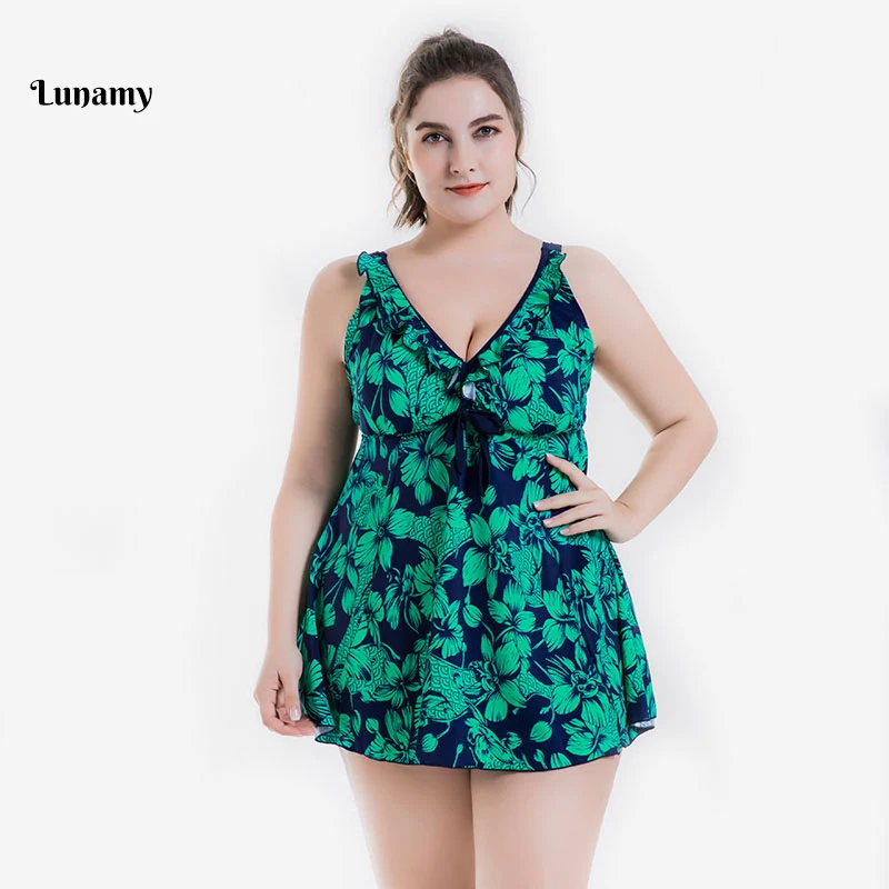 58-66/4XL-8XL размера плюс слитный купальник женский с узлом на груди бандаж цветочный принт юбка большой размер пляжное платье большой размер купальники - Цвет: R5198-Green