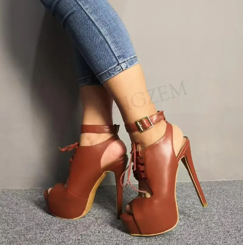 LGZ642 Brown LAIGZEM/женские босоножки на платформе сандалии на высоком каблуке с ремешками на лодыжках вечерние женские туфли большие размеры 34-52 - Цвет: LGZ642 Brown