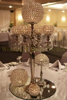 hot silver wedding candelabra 5 arms crystal candle holder with big crystal balls flower stand party decoration 10 pcs