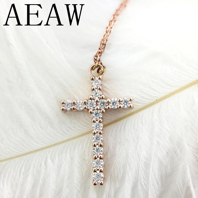 

AEAW Solid 14K розовое золото, лабораторный Выращенный Муассанит, 1CTW алмазный кулон с крестом ожерелье для женщин