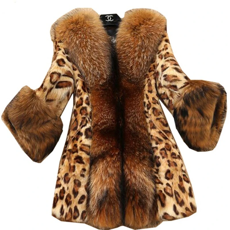 

2019 Mink Hair Leopard Print Fur Coats Medium Long Boutique Imitation Raccoon Fur Collar Fur Coat Women Plus Size 6XL