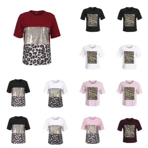 2019 Newest Fashion Hot Women Short Sleeve Leopard Shirt Paillette Summer Casual Tee Tops T shirt | Женская одежда